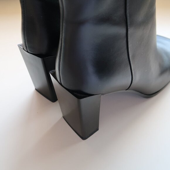 Black Square Toe Real Leather Block Heel Booties - Picture 3 of 10